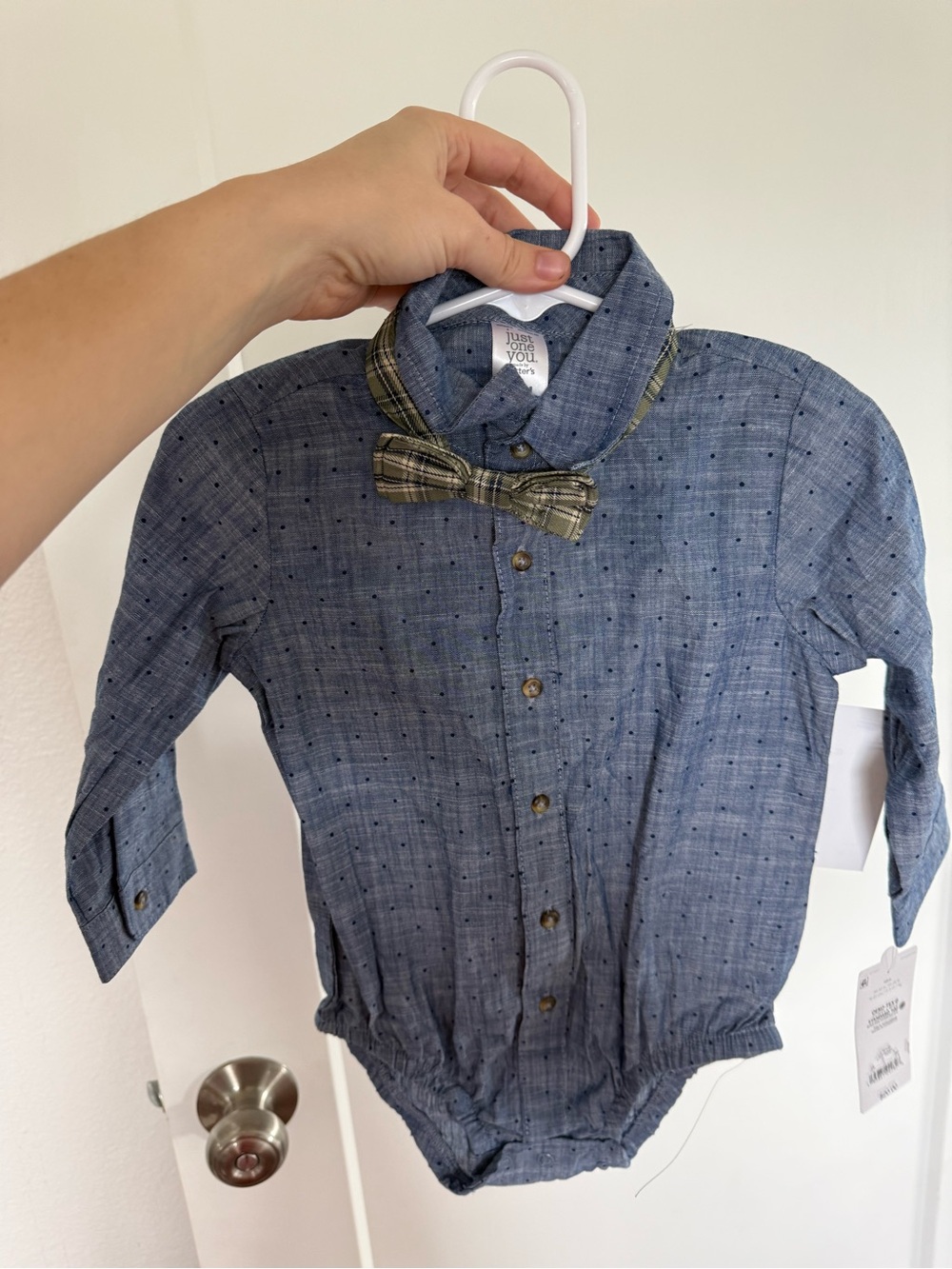 NWT Blue Chambray Boys' Button Romper with Plaid Bow